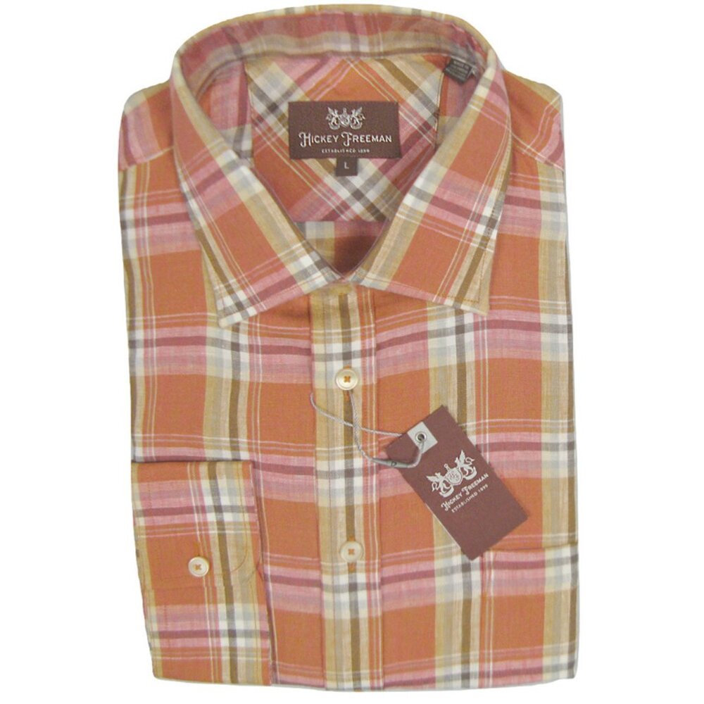 NEW $165 Hickey Freeman Linen Shirt!  Weathered Rust Orange, Tan & White Plaid